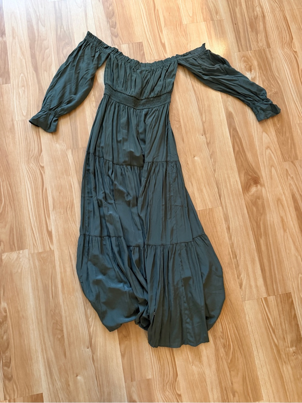 Off-Shoulder Dark Green Tiered Maxi Dress